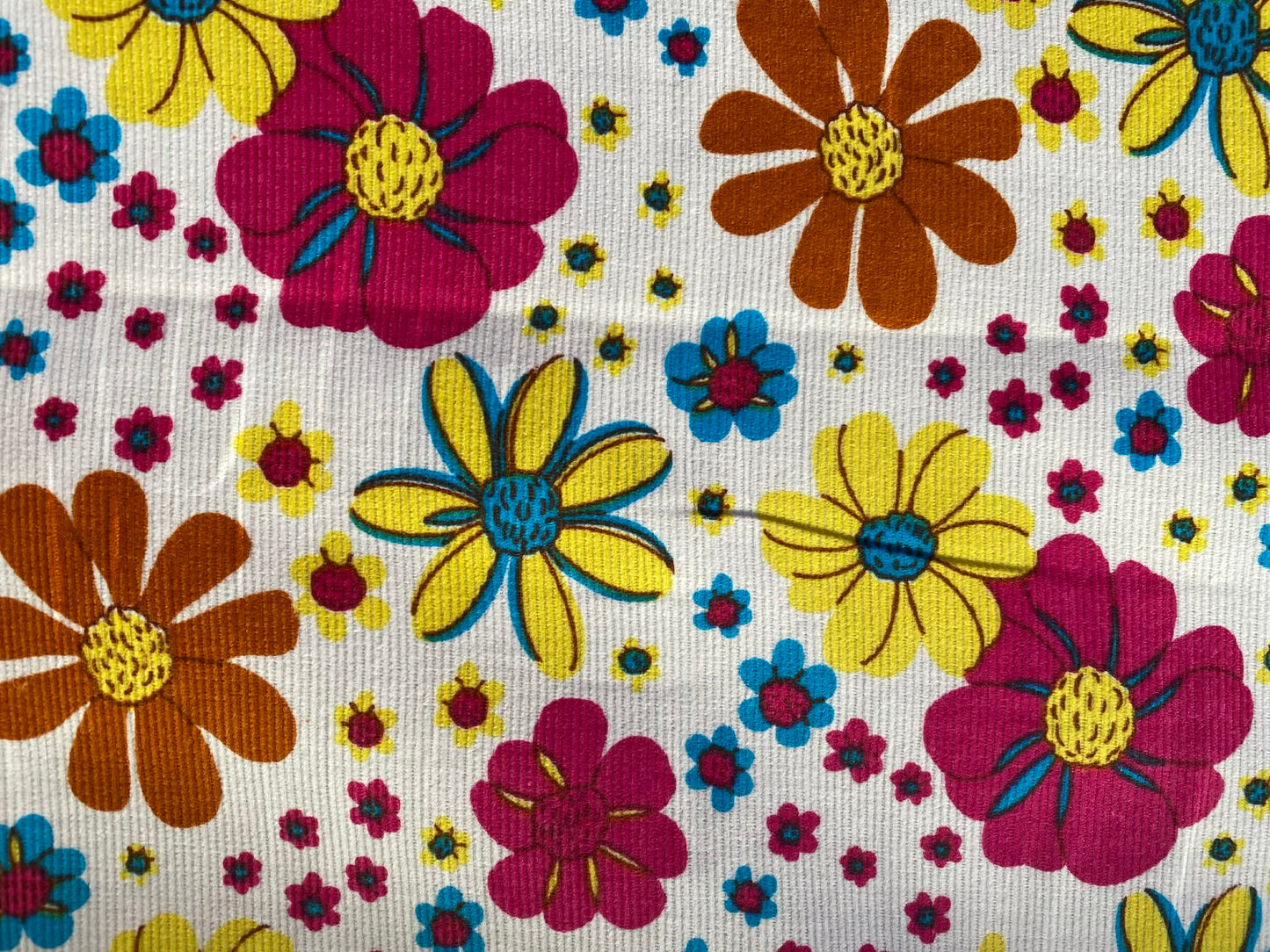 Printed Needlecord 100% Cotton - White/Pink/Yellow/Blue - 44"Wide - Sold By The Metre