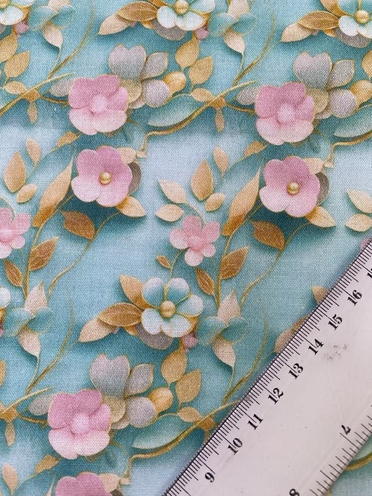 100% Cotton - Turquoise/Pink/Mustard - 44" Wide - Sold By The Metre