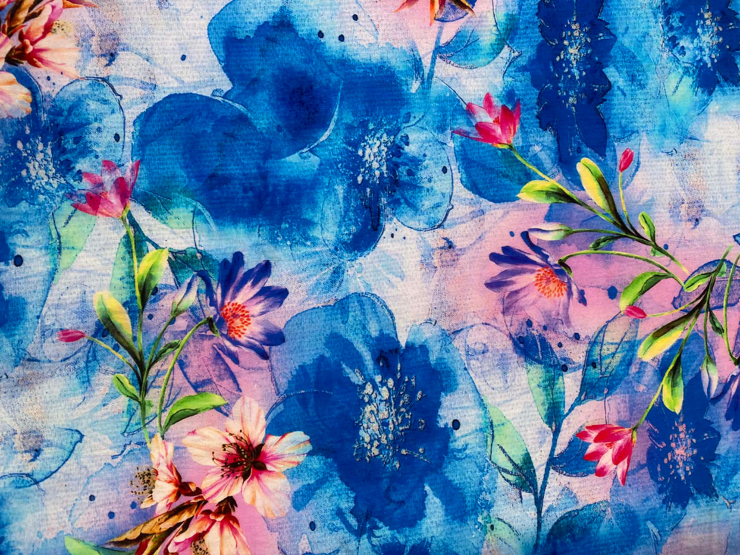 Abstract Watercolor Floral Cotton Crinkle - 58" Wide - Vibrant Blue & Pink - £3.99/m