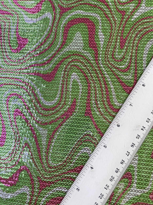 Poly Jersey on Sequins - Pink/White/Green - 52"Wide - Sold By The Metre