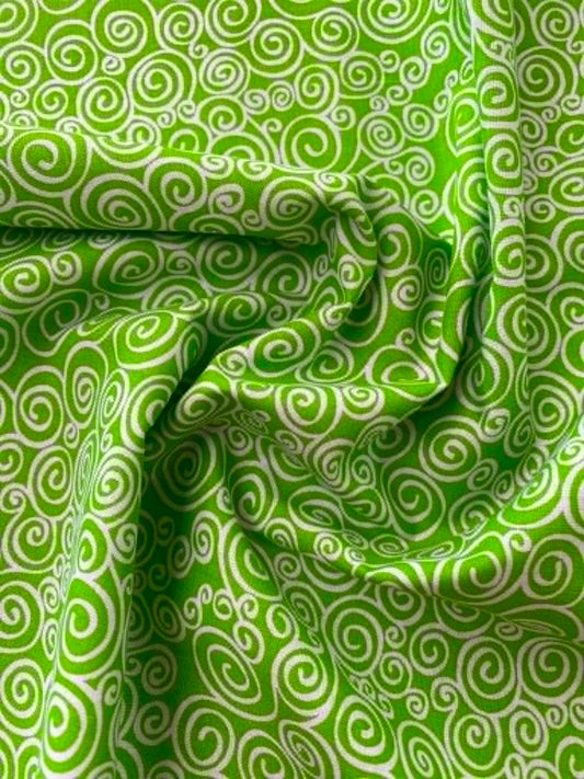 Lime and White Swirl Print 100% Cotton Fabric - 44/45" Wide - By The Metre
