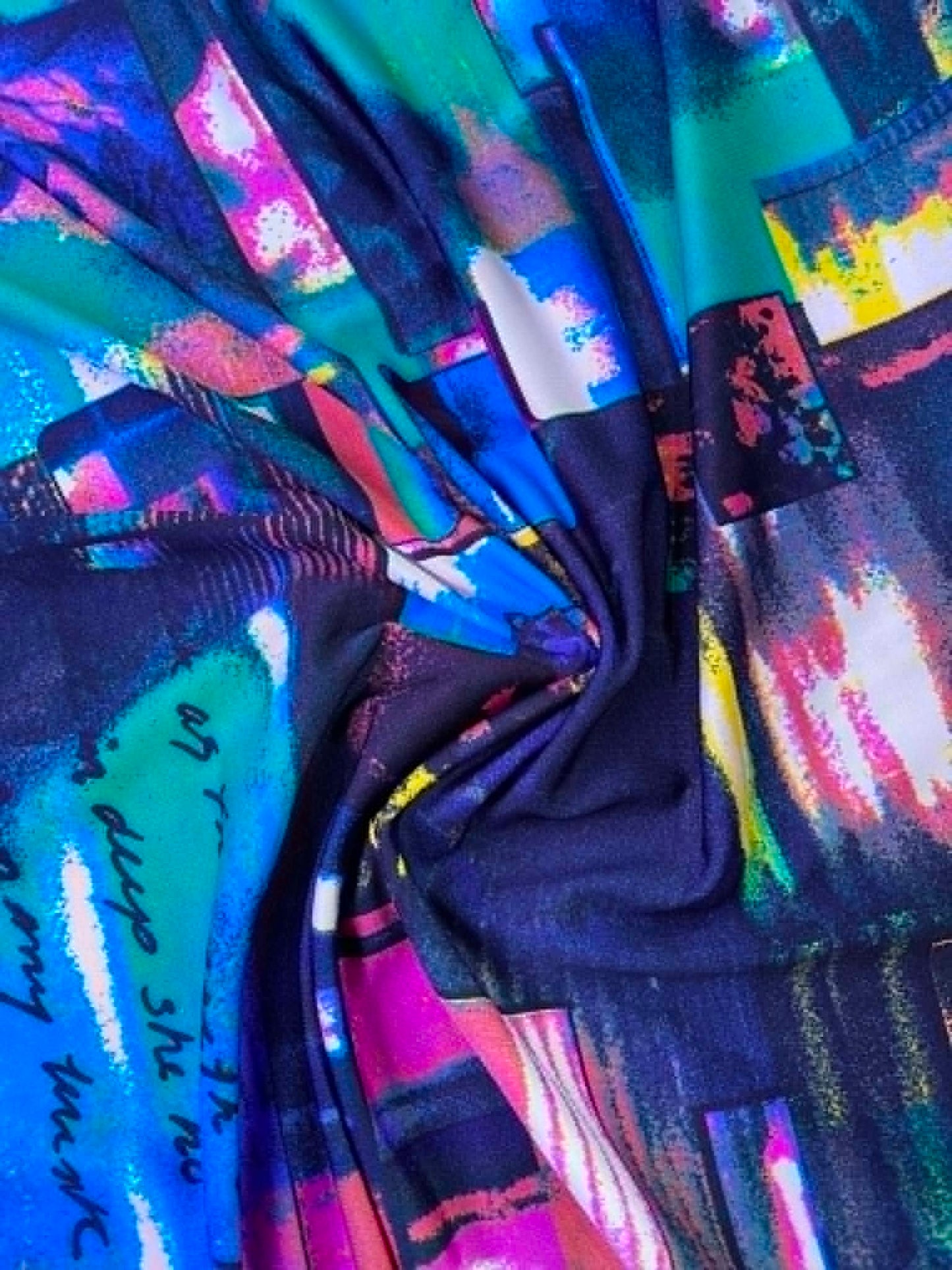 Multi-Color Abstract Floral Poly Lycra - 62" Wide - High Stretch - Neon Pink, Blue & Yellow - £2.99/m