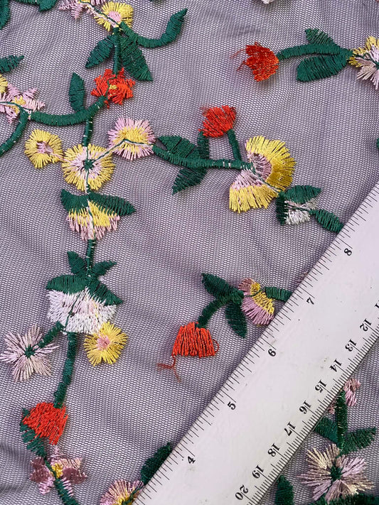 Floral Embroidered Mesh Fabric - 52" Wide - Black with Multi-Colour Stitching - £3.99/m