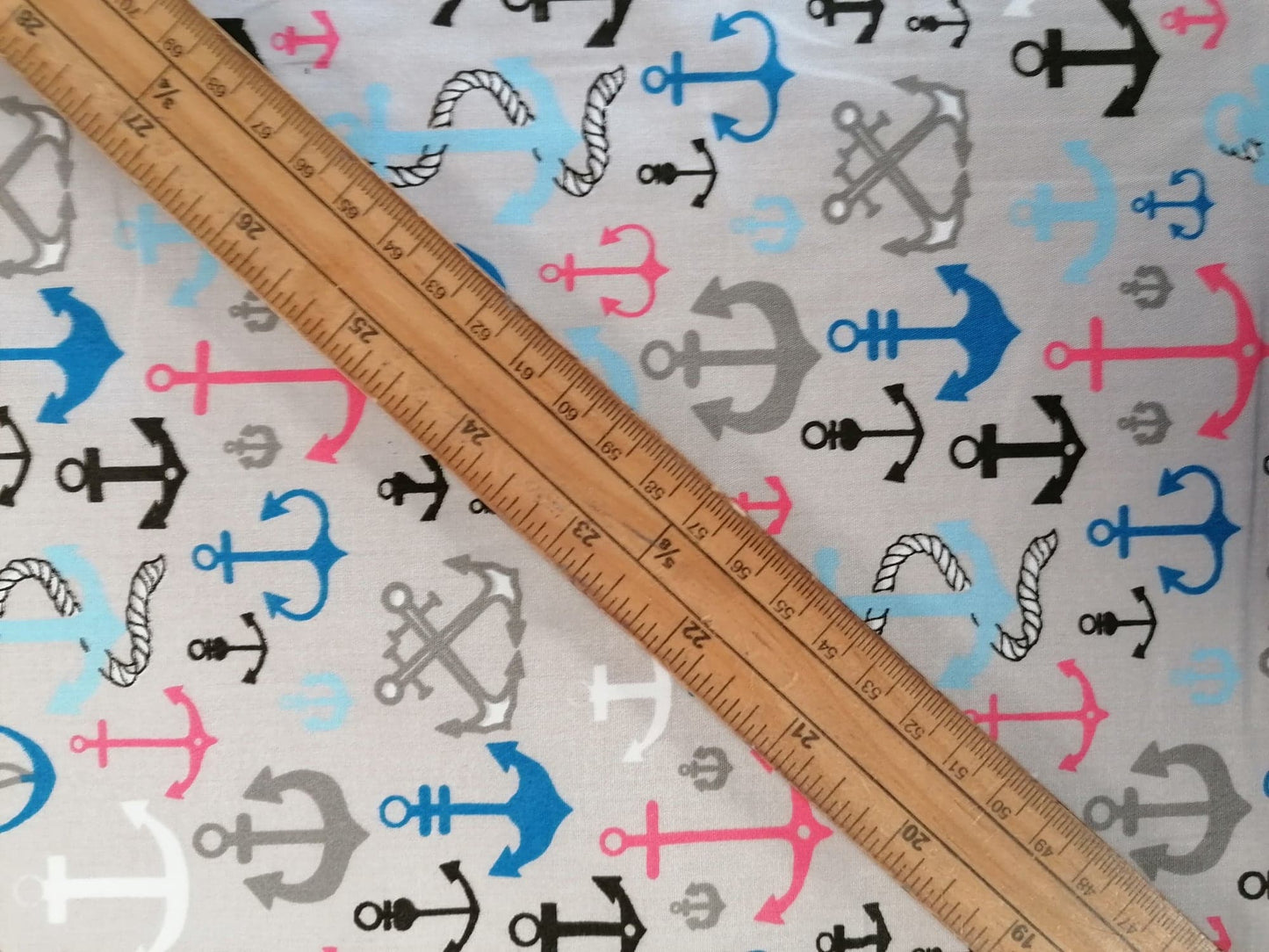 100% Organic Cotton - Anchors - Grey/Blue/Black/Pink - 45" Wide - Sold By The Metre