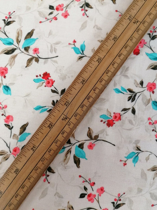 Cotton Lawn - Cream/Turquoise/Red - 55" Wide - Sold By The Metre