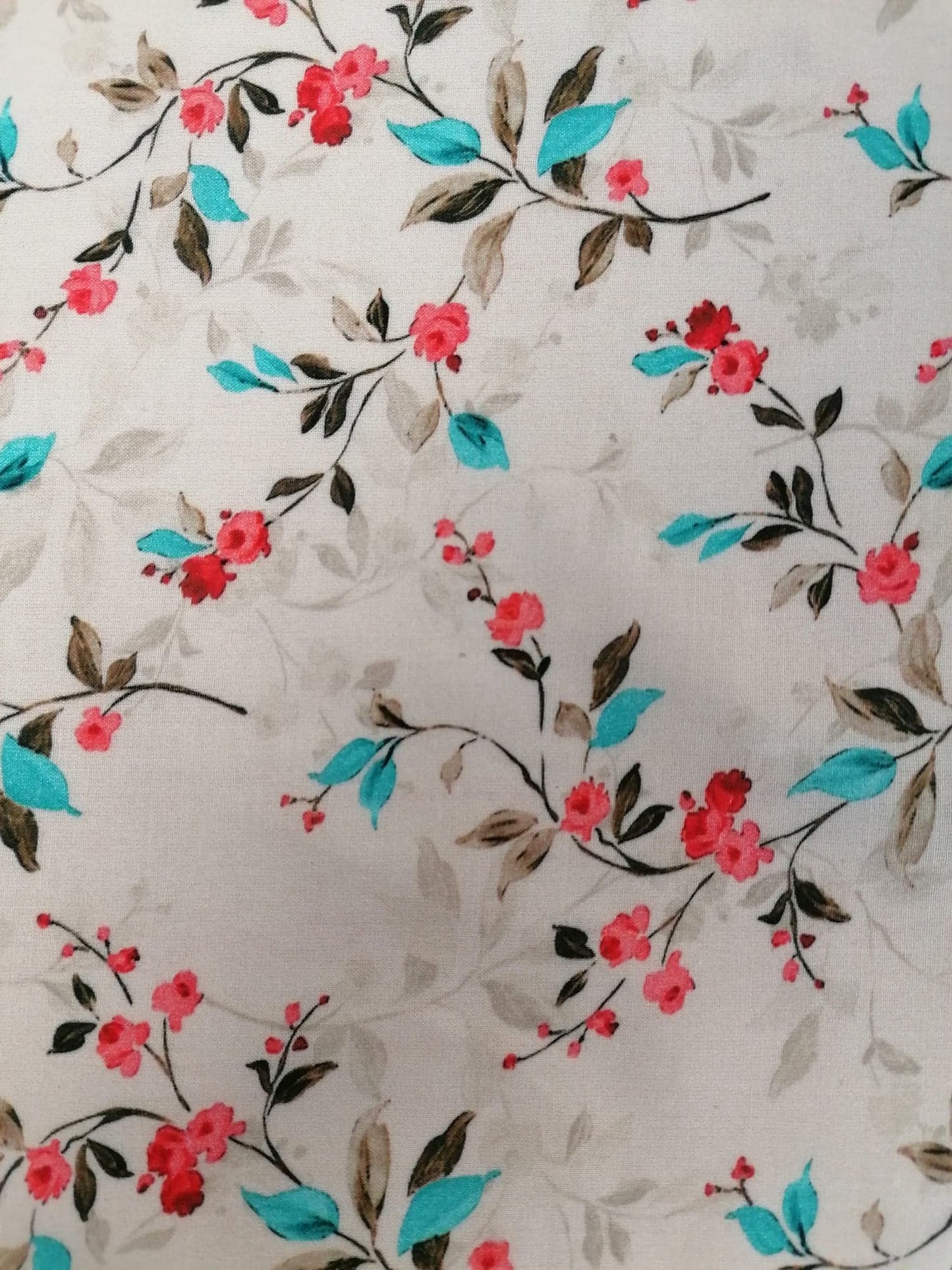 Cotton Lawn - Cream/Turquoise/Red - 55" Wide - Sold By The Metre