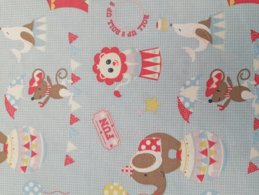 100% Cotton - Crafting & Quilting - Circus - Blue/Brown/Pink - 44" Wide - Sold By the Metre