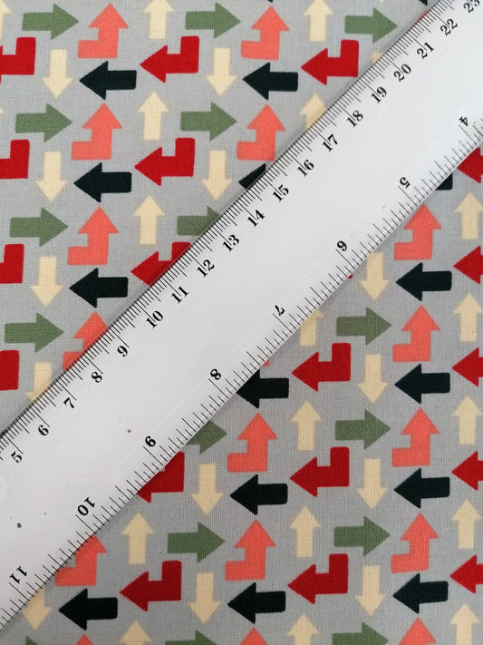 100% Cotton - Crafting & Quilting - Arrows - Grey/Cream/Red/Blue/Green - 44" Wide - Sold By the Metre