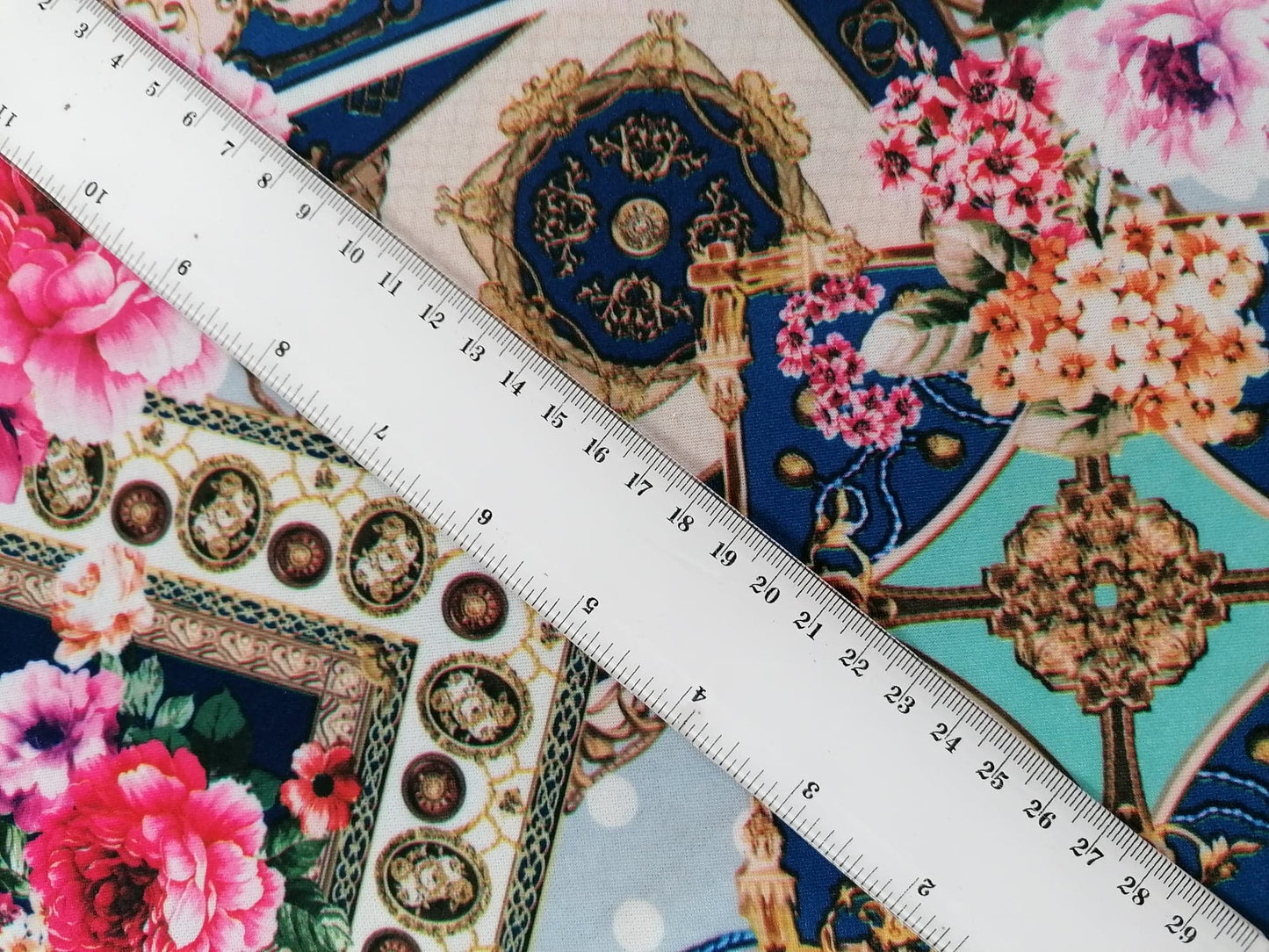 Scuba Crepe - Blue/Pink/Gold - 59" Wide - Sold By the Metre