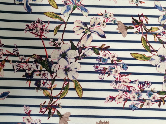 Printed Bengaline - White/Navy/Purple/Green - 58" Wide - Sold By the Metre