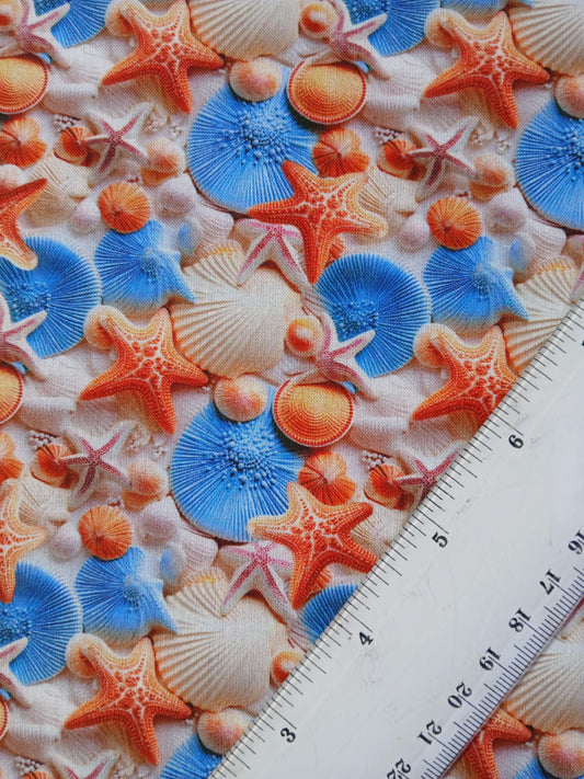 Little Johnny 100% Cotton - Starfish - Blue/Cream/Orange - 60" Wide - Sold By The Metre