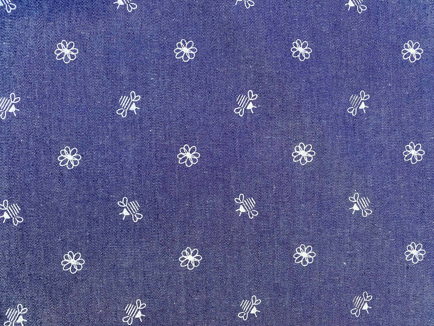 100% Cotton Denim/Chambray - Blue/White - Bees - 58"Wide - Sold By The Metre