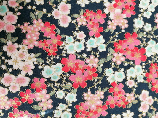 100% Cotton - Floral - Navy/Pink/Mint Green/Gold - 58" Wide - Sold By the Metre