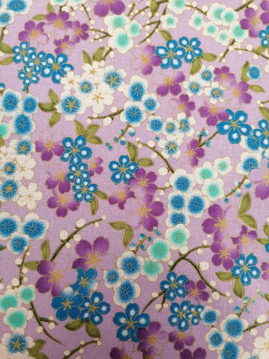 100% Cotton - Floral - Purple/Lilac/Blue/Gold - 58" Wide - Sold By the Metre