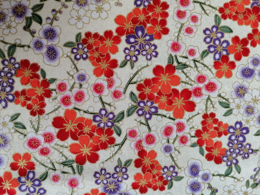 100% Cotton - Floral - Cream/Red/Orange/Purple/Gold - 58" Wide - Sold By the Metre
