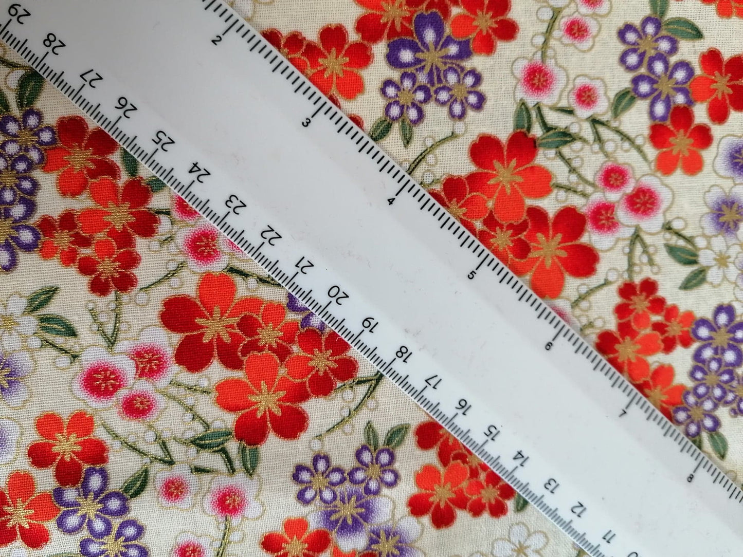 100% Cotton - Floral - Cream/Red/Orange/Purple/Gold - 58" Wide - Sold By the Metre