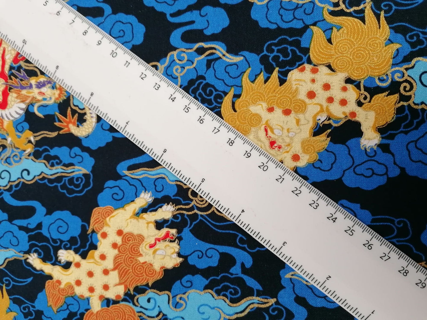 100% Cotton - Dragons - Blue/Gold/Red - 58" Wide - Sold By the Metre