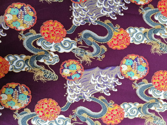100% Cotton - Dragons - Purple/Orange/Gold - 58" Wide - Sold By the Metre