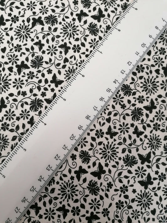 100% Cotton - Crafting & Quilting - Butterflies - White/Black - 44" Wide - Sold By the Metre