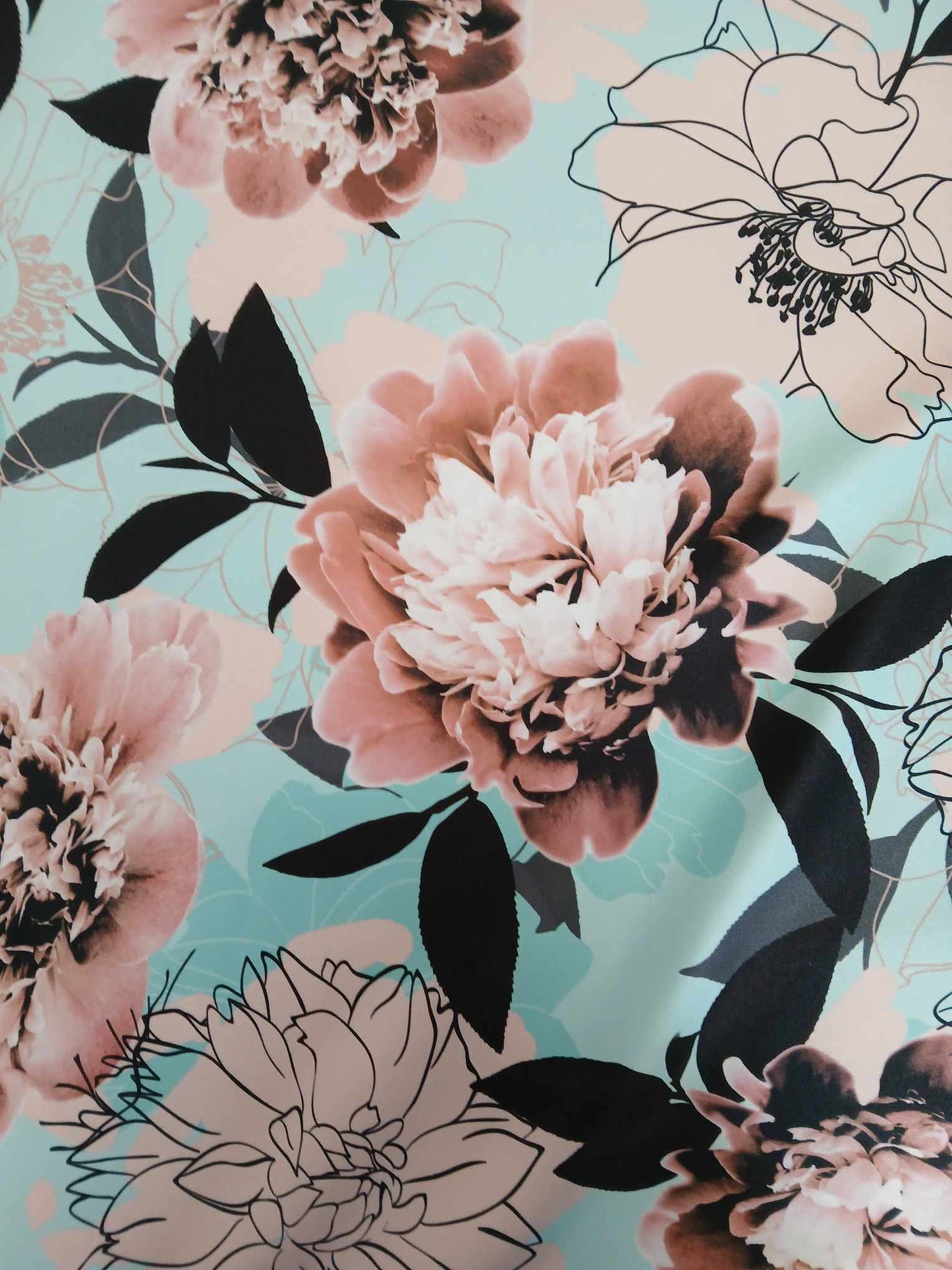 Scuba - Floral - Mint Green/Beige/Black - 58" Wide - Sold By the Metre