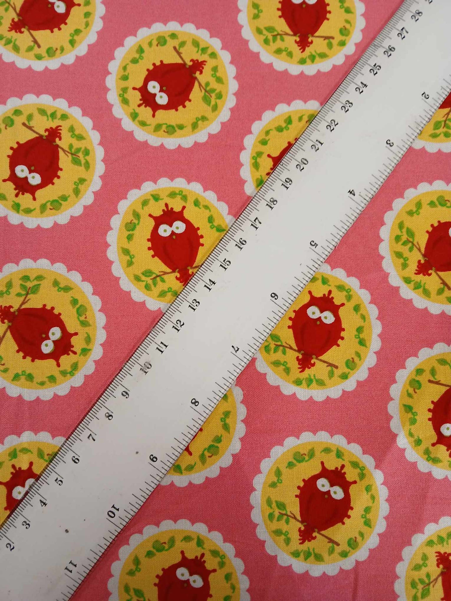 100% Cotton - Owls - Pink/Red/Yellow/White/Green - 53" Wide - Sold By the Metre