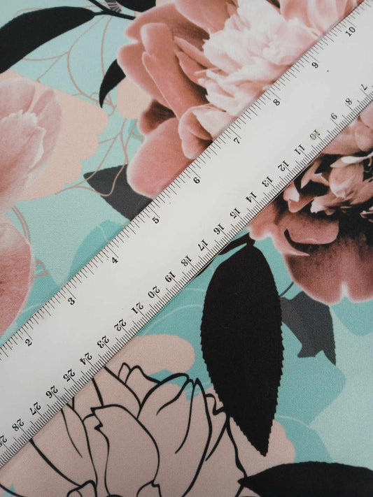 Scuba - Floral - Mint Green/Beige/Black - 58" Wide - Sold By the Metre