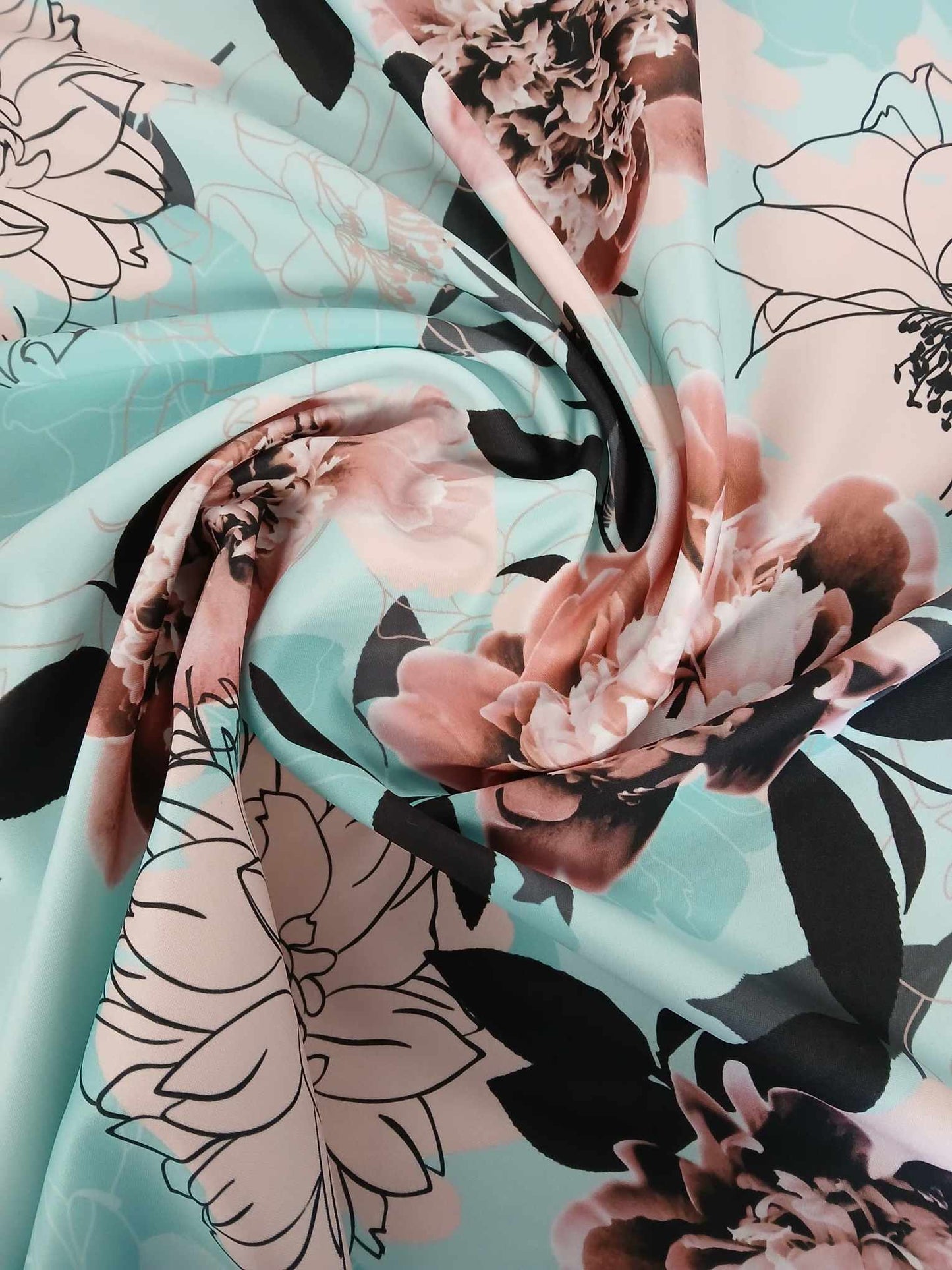 Scuba - Floral - Mint Green/Beige/Black - 58" Wide - Sold By the Metre