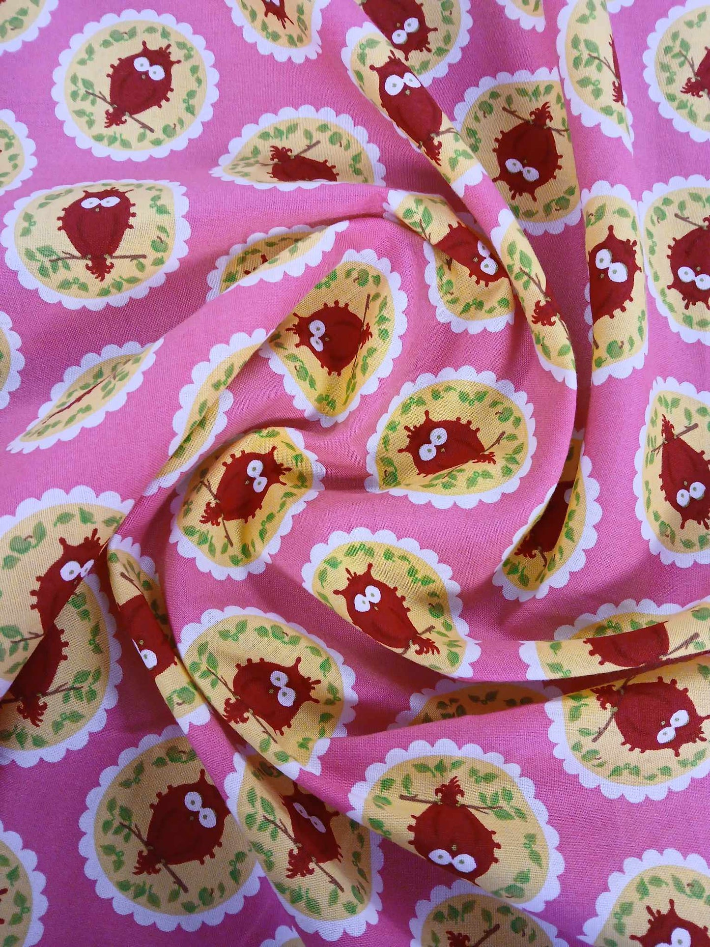 100% Cotton - Owls - Pink/Red/Yellow/White/Green - 53" Wide - Sold By the Metre
