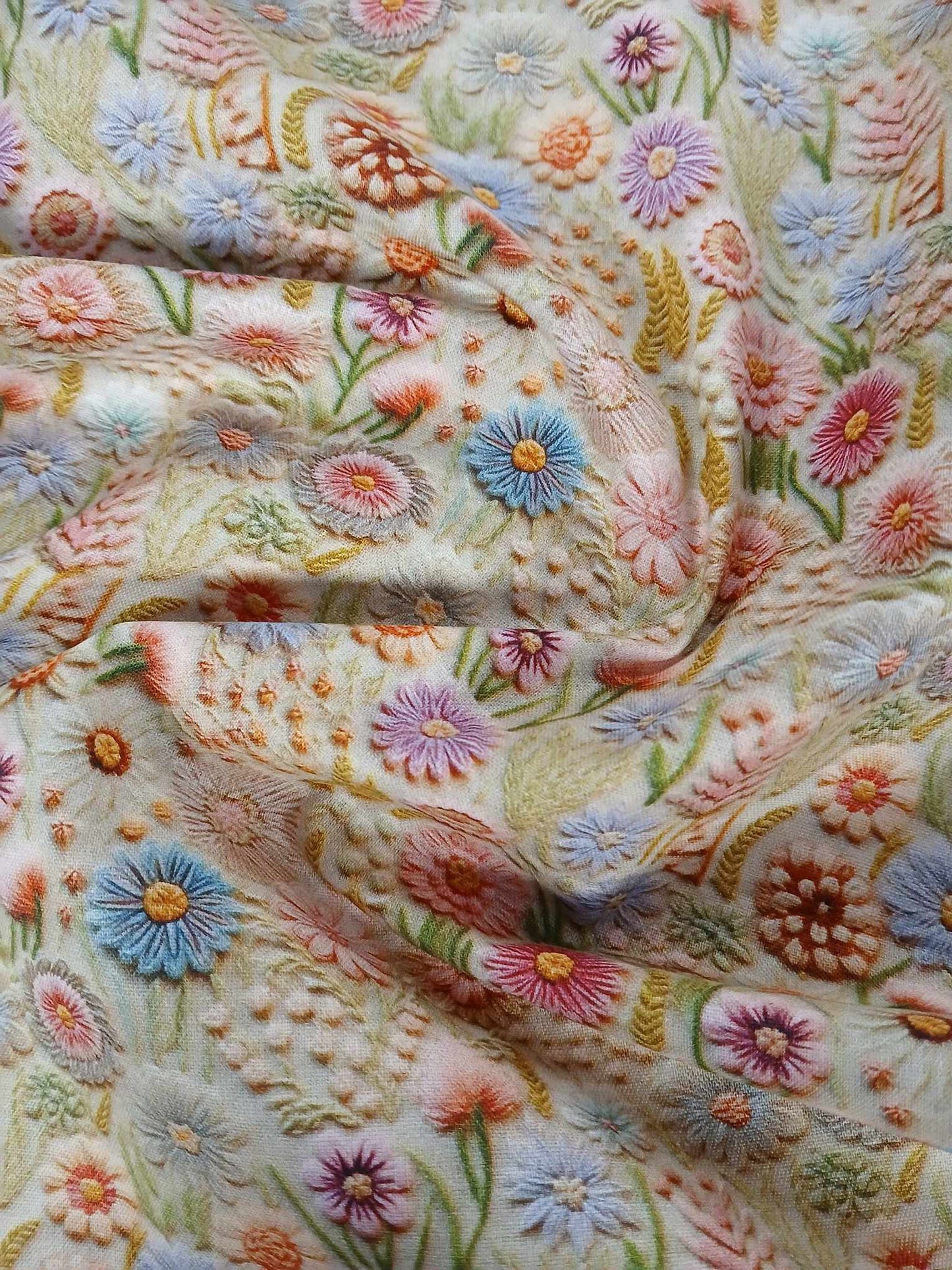 100% Cotton - Digital Print - Cream/Blue/Pink/Peach - 44" Wide - Sold By the Metre