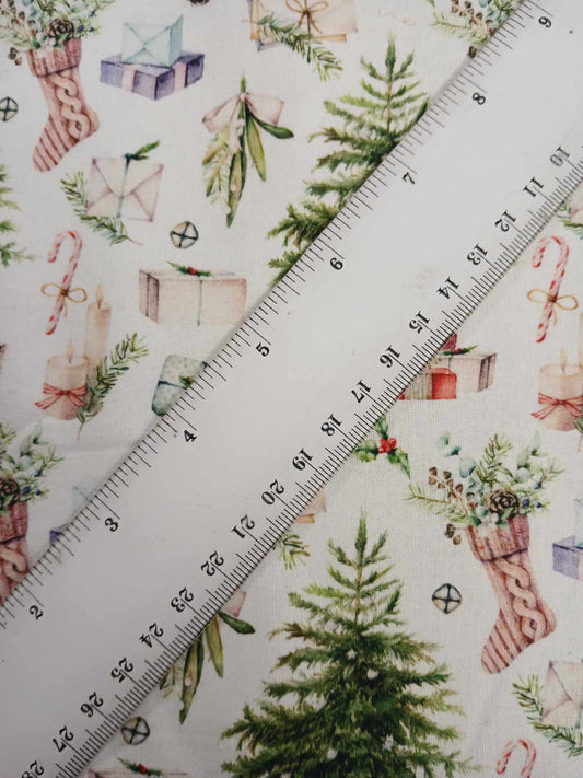 100% Christmas Cotton - White/Green/Pink/Purple - 44" Wide - Sold By the Metre