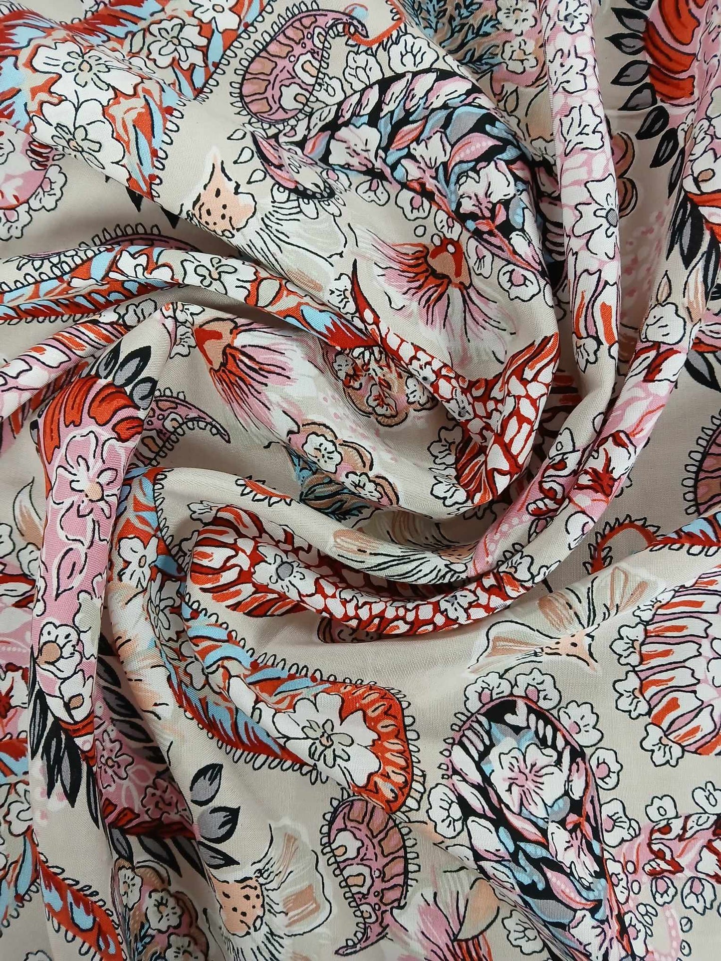 Viscose - Paisley - Putty/Red/Blue/Pink - 57" Wide - Sold By the Metrre