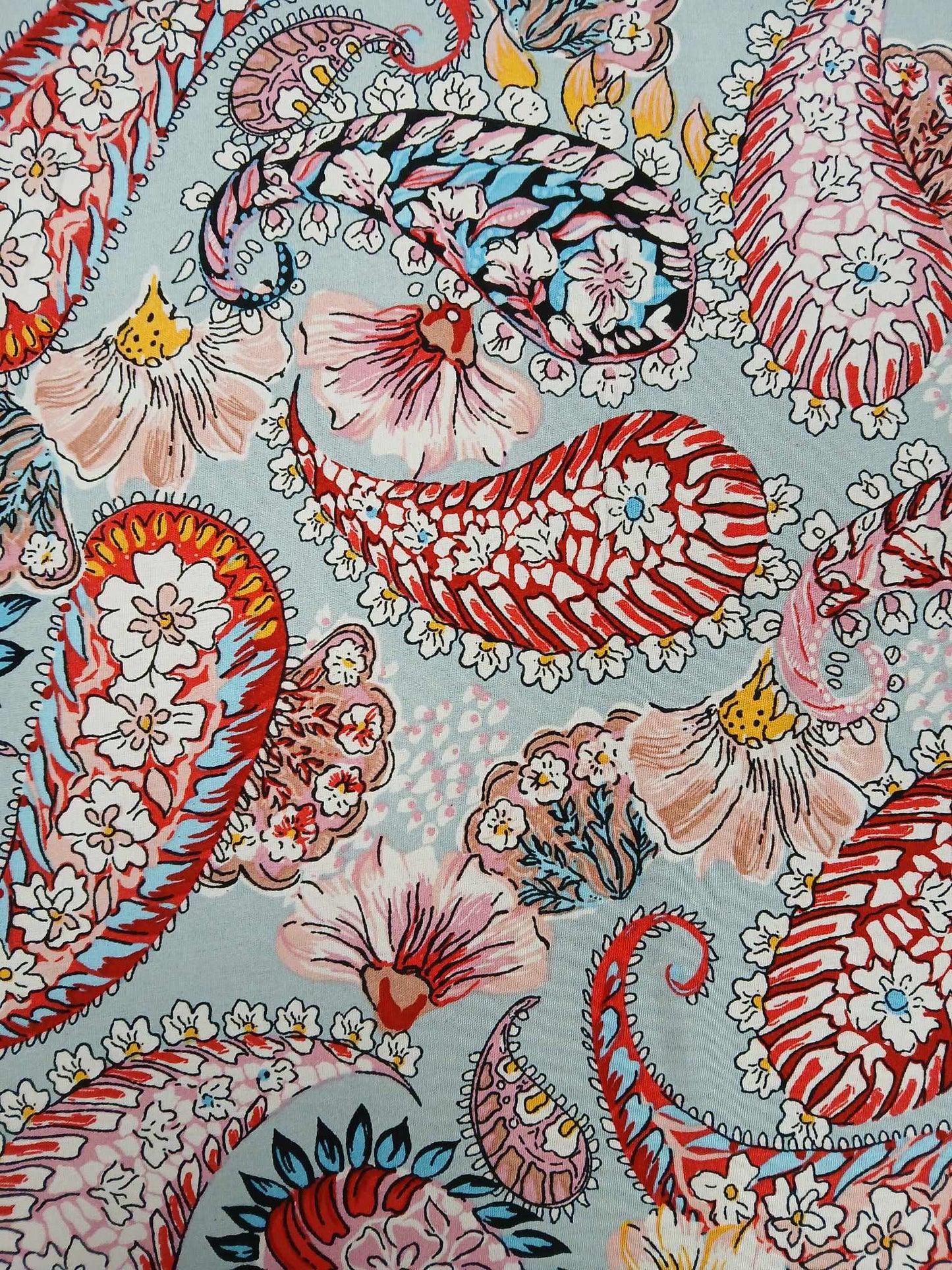 Viscose - Paisley - Light Blue/Red/Pink - 57" Wide - Sold By the Metre