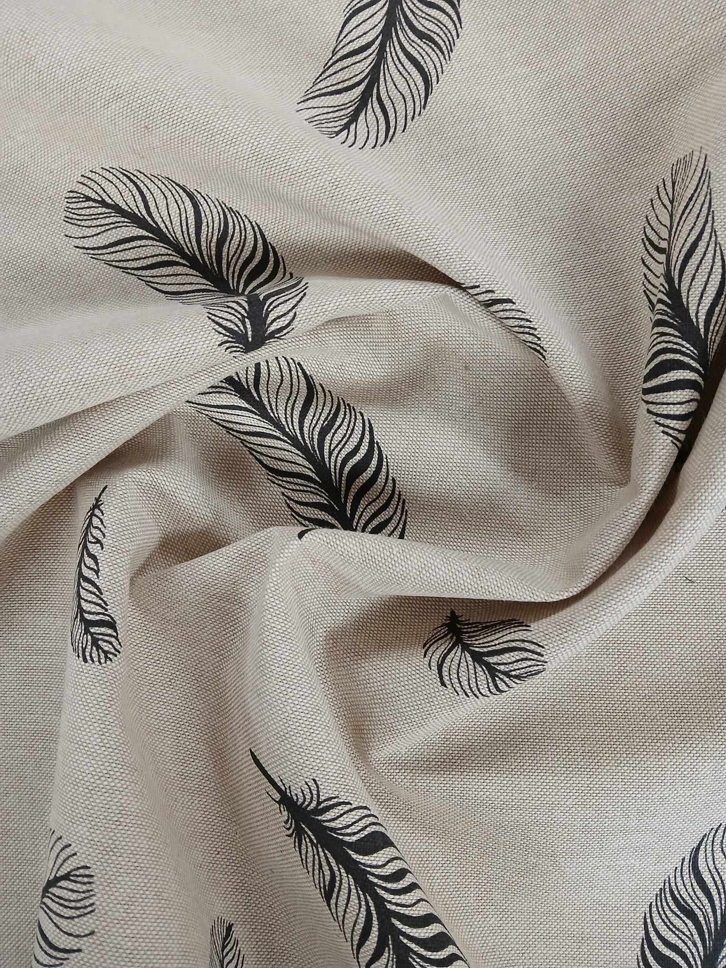Linen Look - Feathers - Sand/Black - 56" Wide - Sold By the Metre