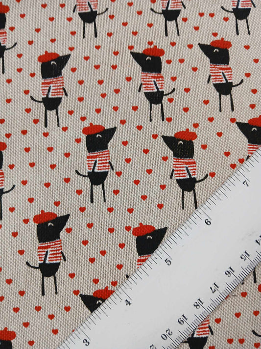 Linen Look - Mouse/Hearts - Sand/Black/Red - 56" Wide - Sold By the Metre