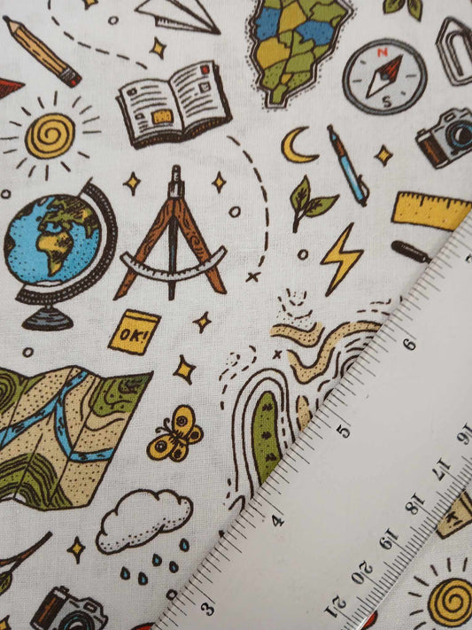 100% Cotton - School Days - White/Green/Yellow/Black - 54" Wide - Sold By the Metre