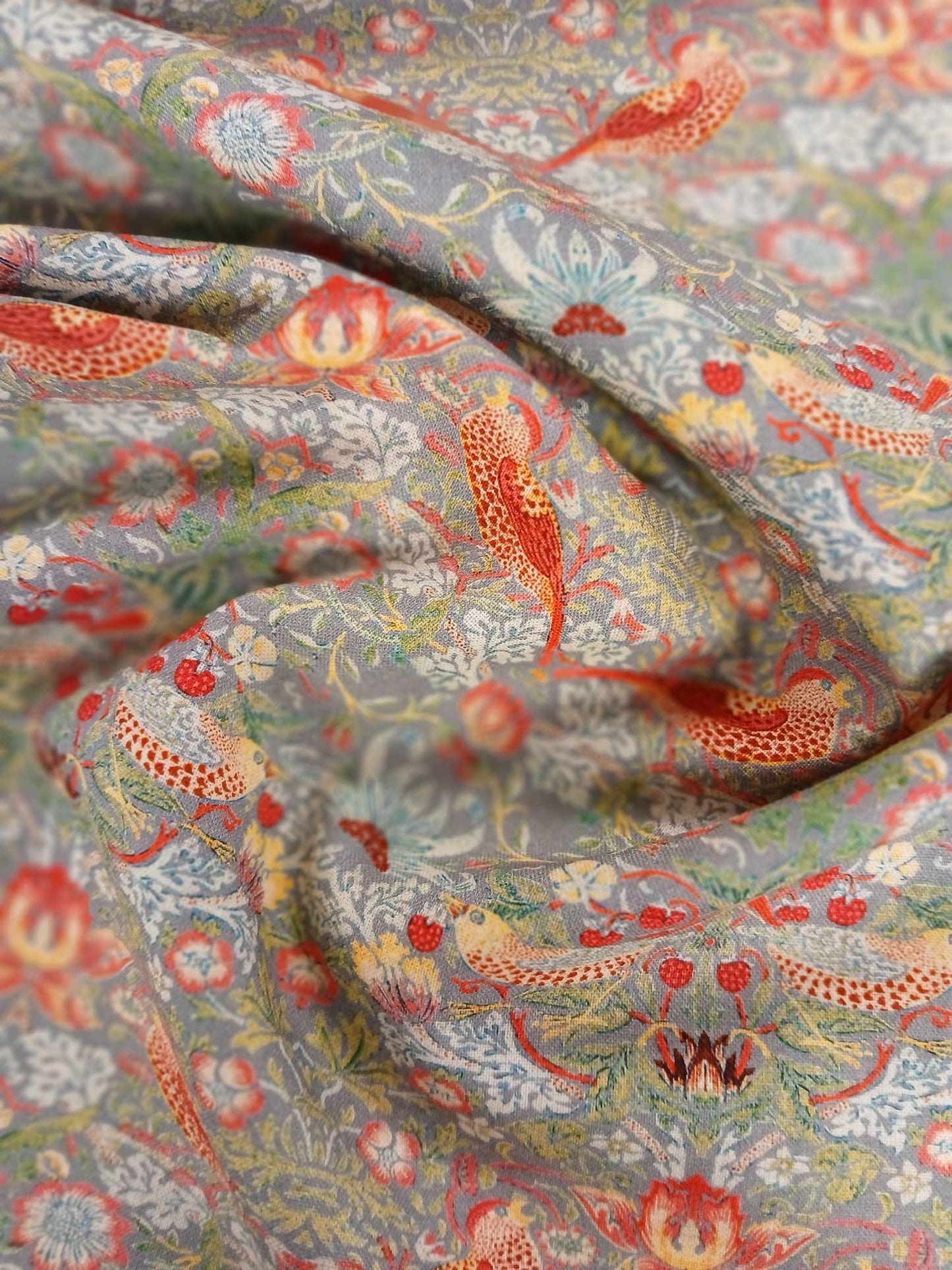 100% Cotton - Strawberry Thief - Grey - 55" Wide - Sold By the Metre