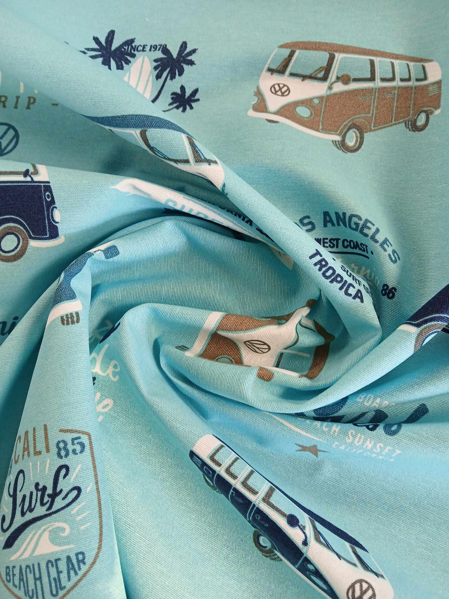 Linen Look - California Campervan - Blue/Brown/White - 56" Wide - Sold By the Metre