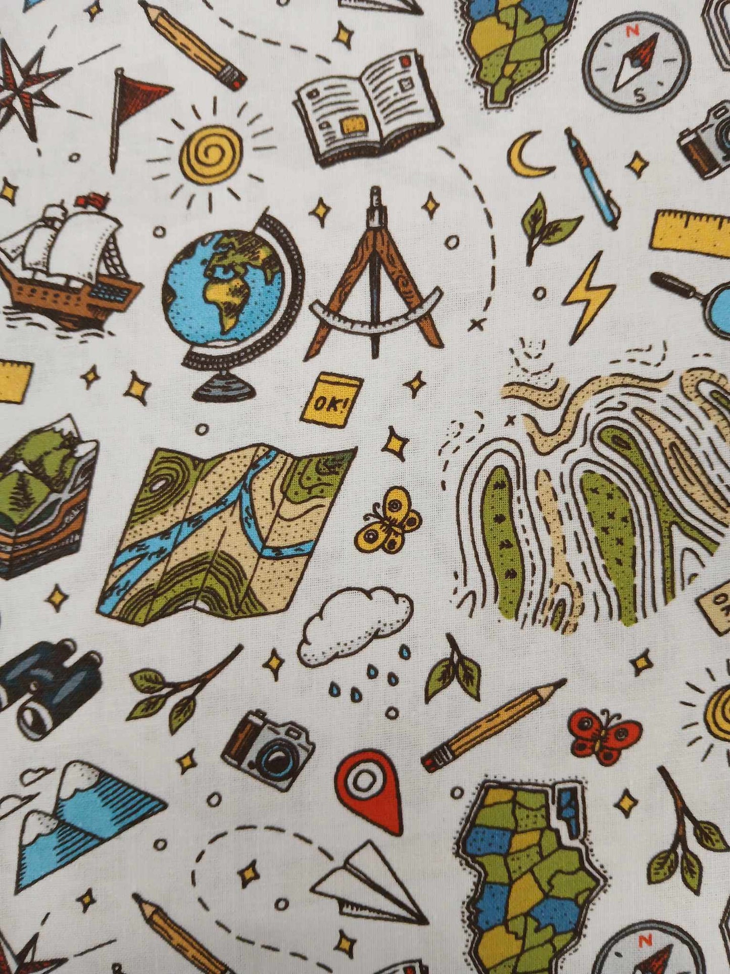 100% Cotton - School Days - White/Green/Yellow/Black - 54" Wide - Sold By the Metre