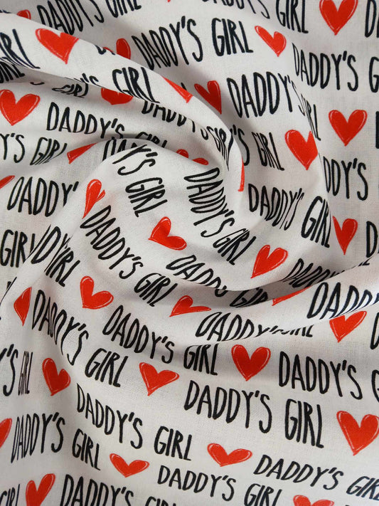 100% Cotton - Daddy's Girl - White/Red/Black - 54" Wide - Sold By the Metre