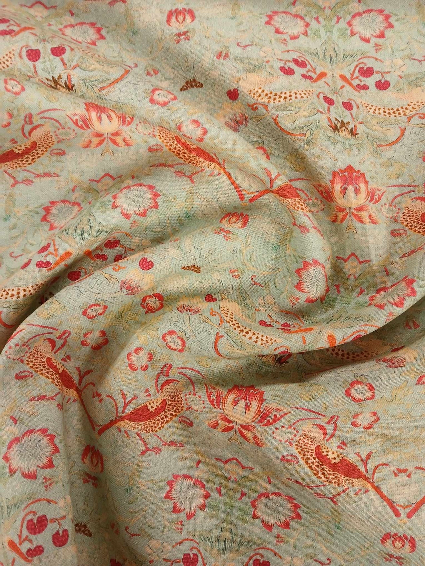100% Cotton - Strawberry Thief - Duckegg - 55" Wide - Sold By the Metre