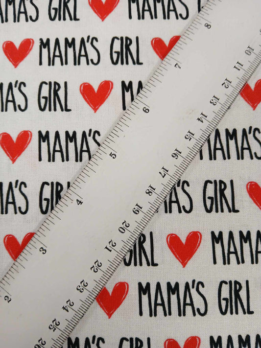 100% Cotton - Mama's Girl - White/Red/Black - 54" Wide - Sold By the Metre