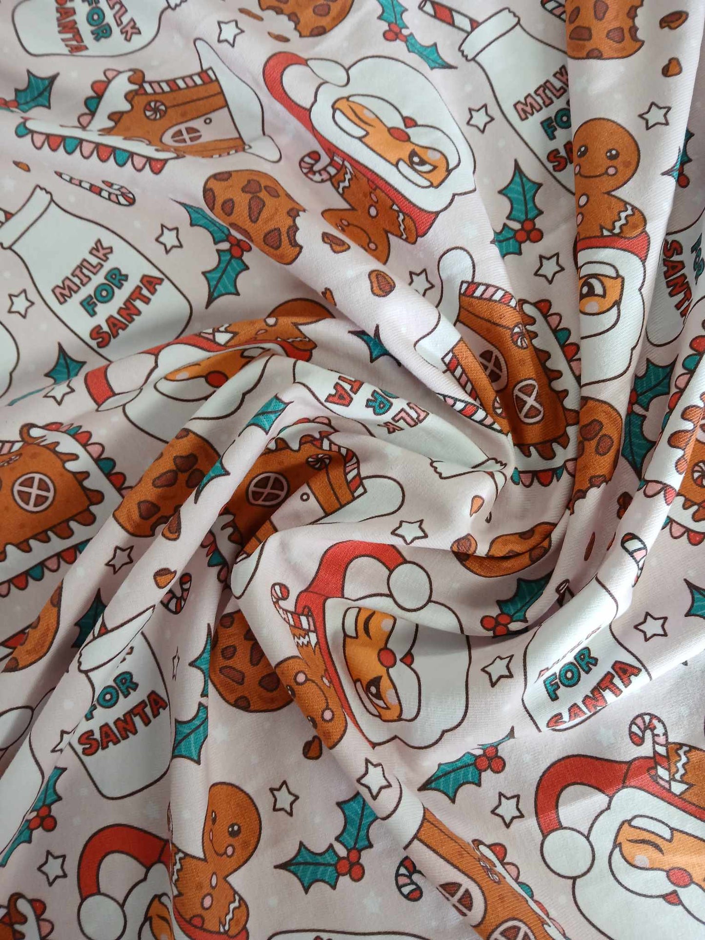 95% Cotton 5% Lycra Jersey - Gingerbread - Pink/Red/Green - 62" Wide - Sold By the Metre