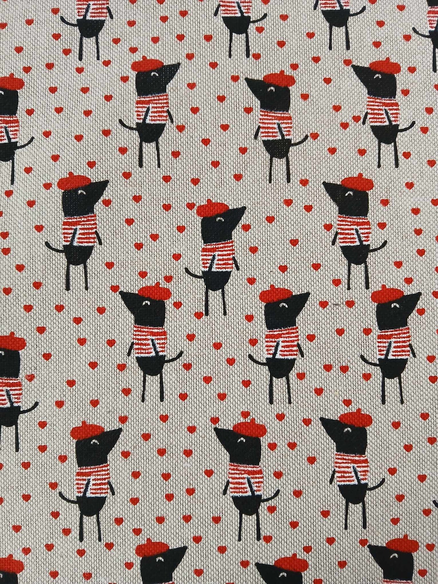 Linen Look - Mouse/Hearts - Sand/Black/Red - 56" Wide - Sold By the Metre