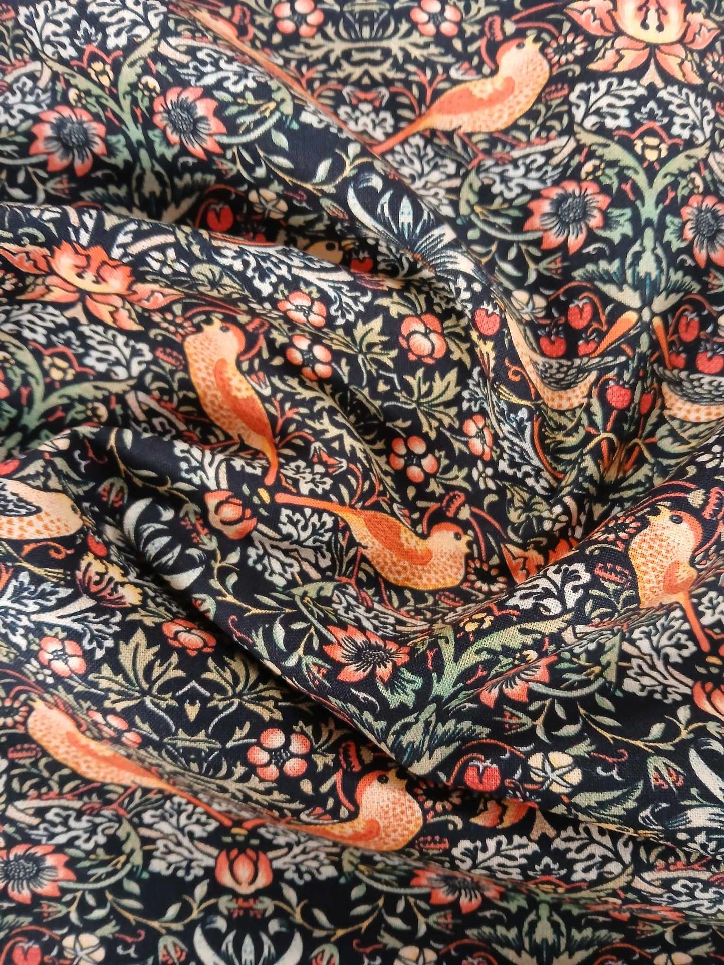 100% Cotton - Strawberry Thief - Ebony - 55" Wide - Sold By the Metre