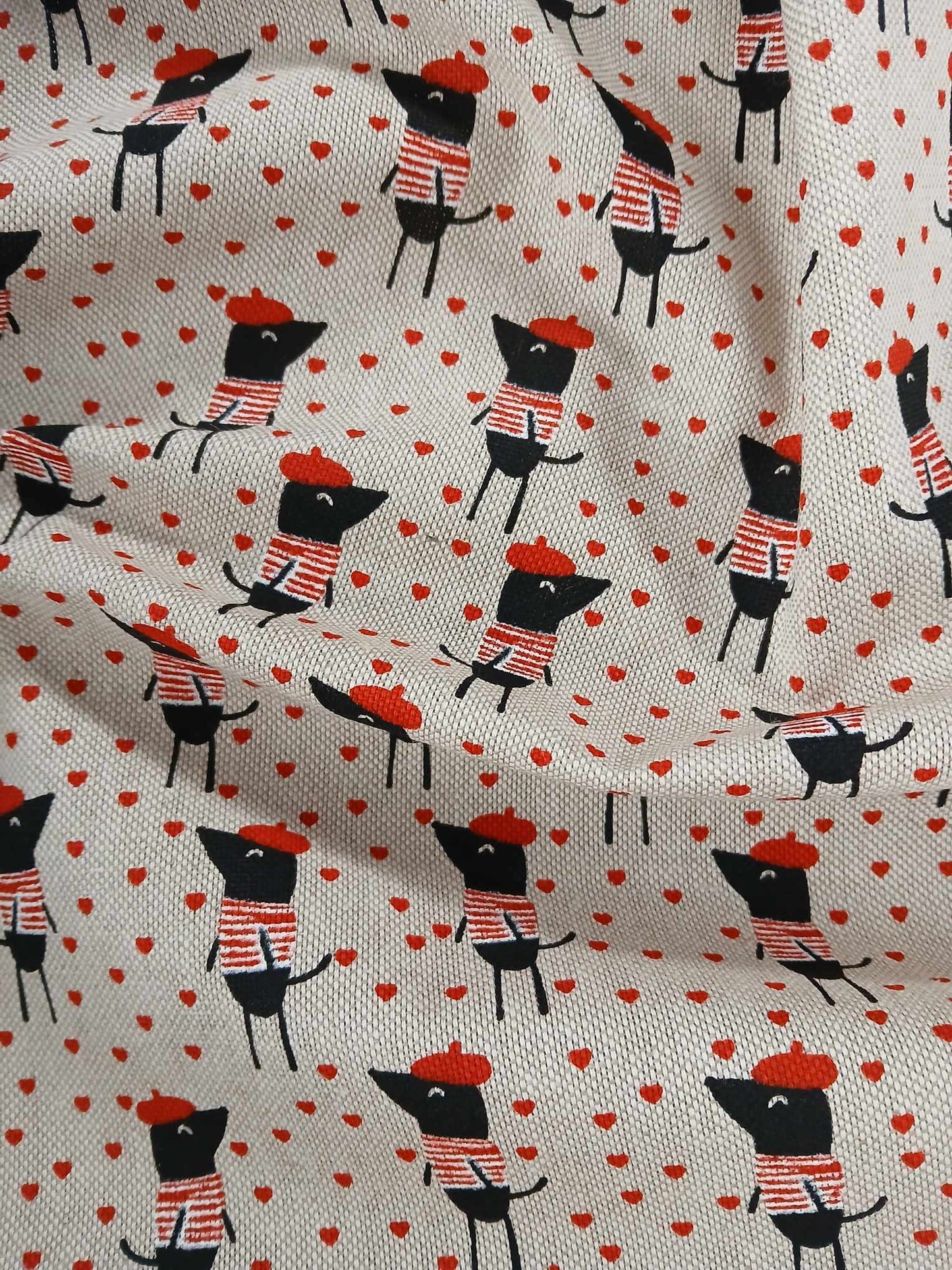 Linen Look - Mouse/Hearts - Sand/Black/Red - 56" Wide - Sold By the Metre