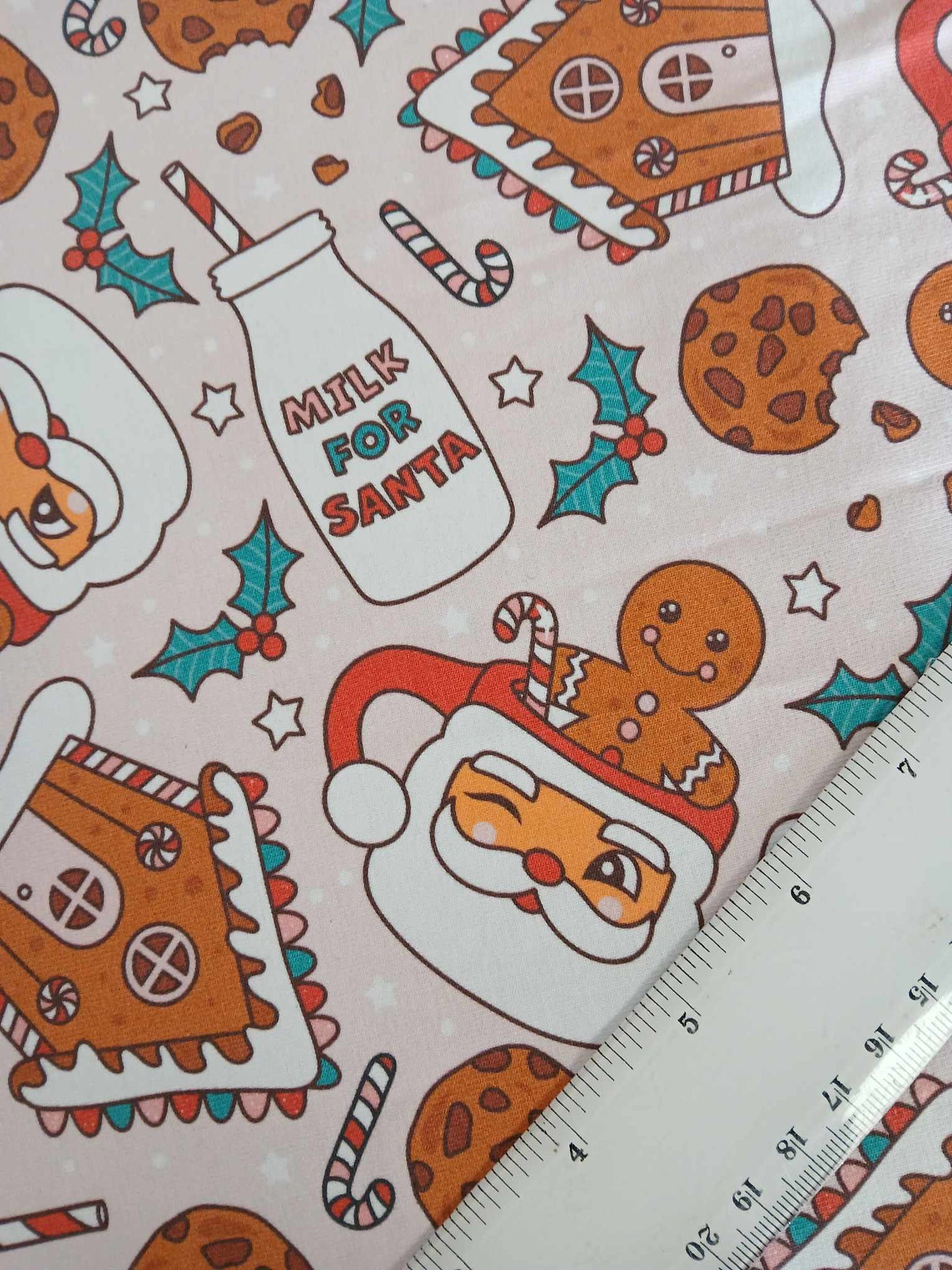 95% Cotton 5% Lycra Jersey - Gingerbread - Pink/Red/Green - 62" Wide - Sold By the Metre