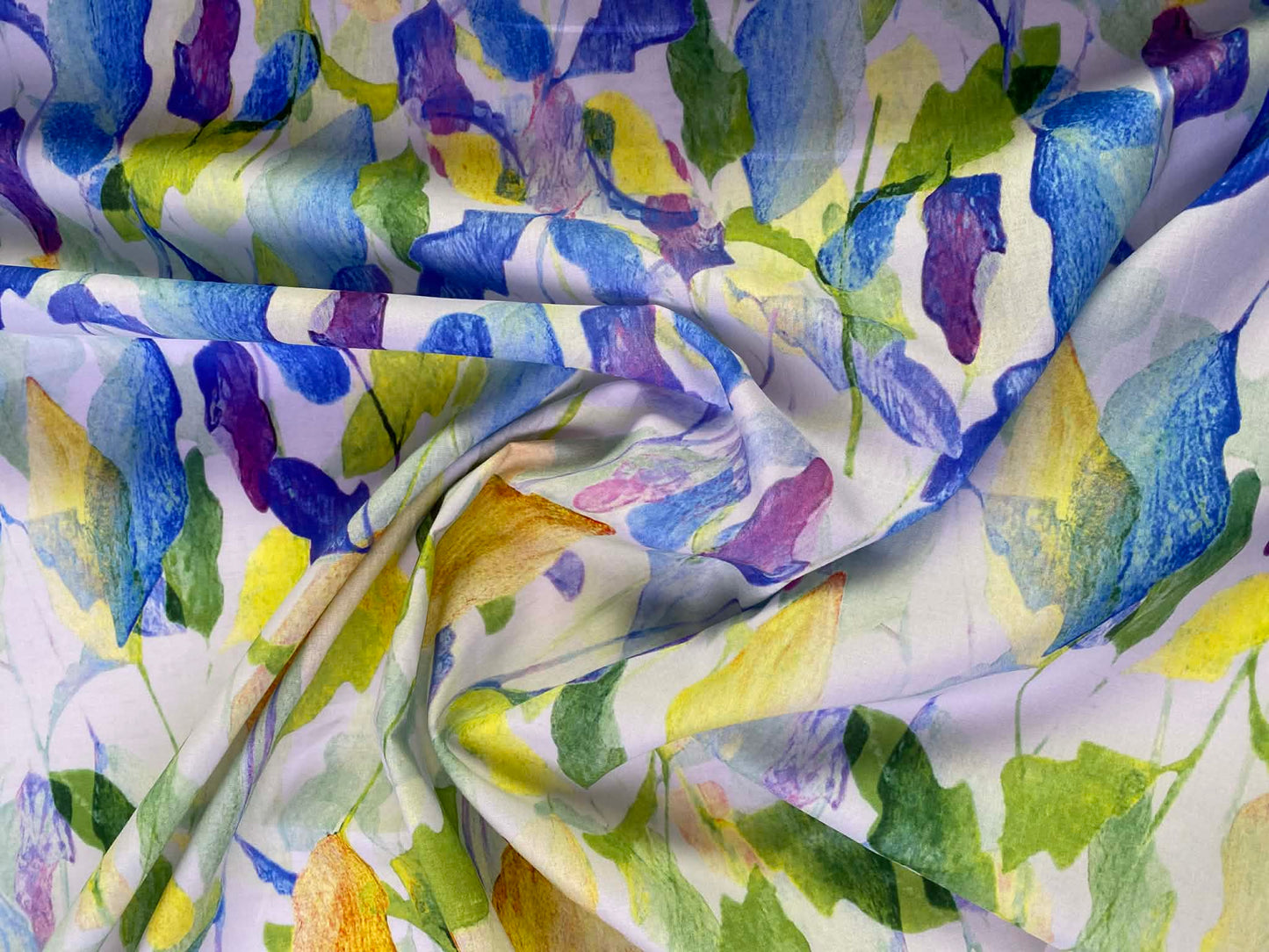 Premium London Lawn 100% Cotton - 58" Wide - Abstract Watercolor Leaves - Blue, Yellow & Purple