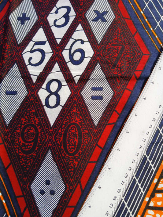 African Wax Cotton - Blue/Red/Orange - 44" Wide - Sold As A 5 Metre Piece