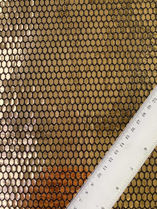 Honeycomb Slinky Lyra Sequins - Black/Gold - 60"Wide - Sold By The Metre