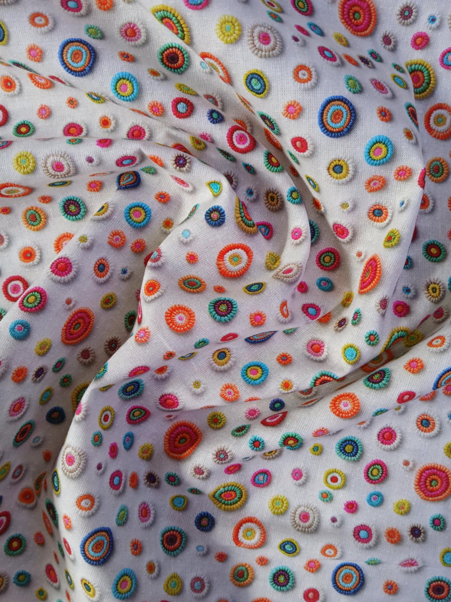 Little Johnny 100% Cotton - Circles - White/Pink/Orange/Yellow - 60" Wide - Sold By The Metre